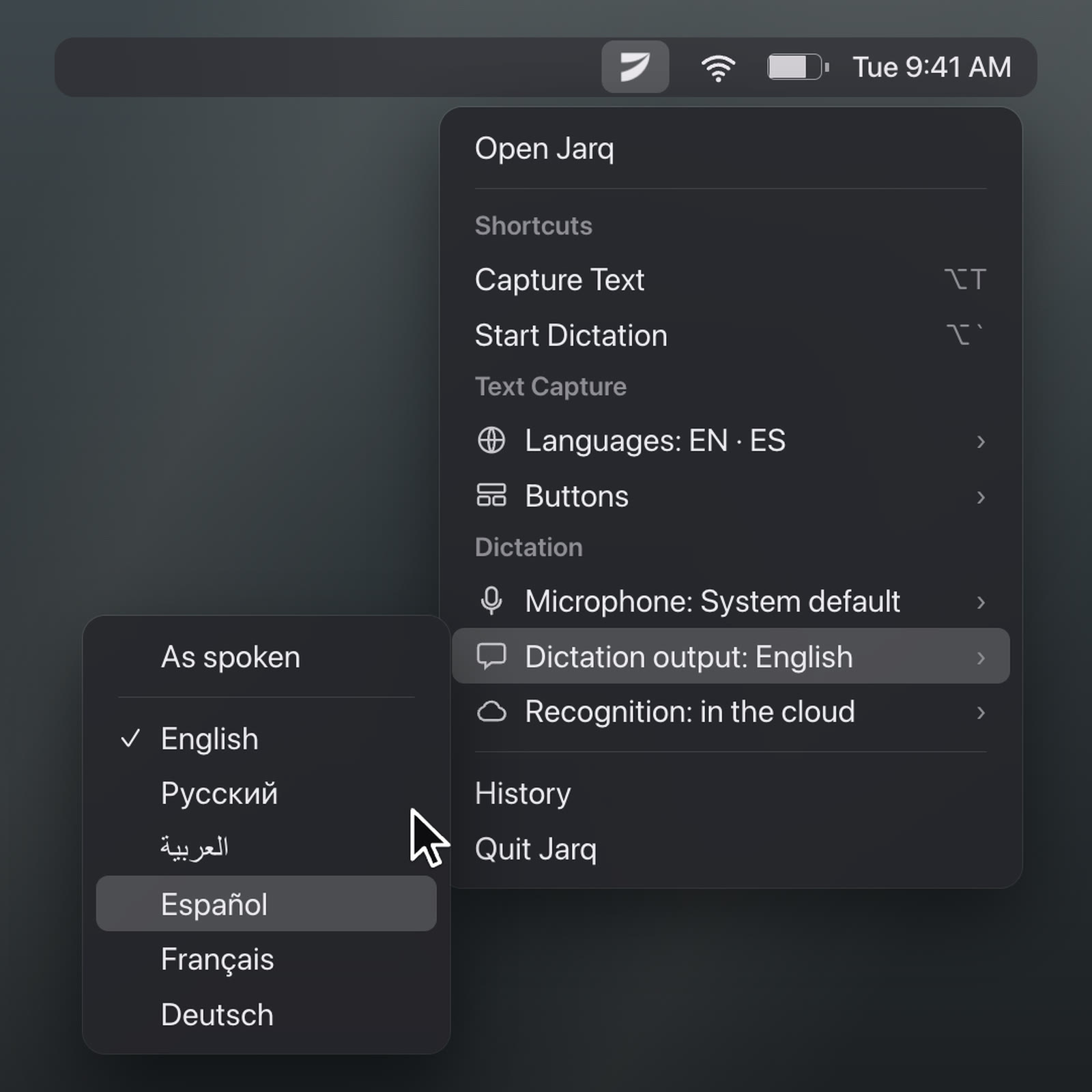 Меню Jarq в строке меню: выделен пункт Dictation output: English, рядом список — As spoken, English с галочкой, Русский, арабский, Español, Français, Deutsch.